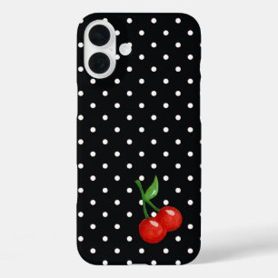 レトロルックブラックとホワイト水玉模様とさくらんぼ iPhone 16 PLUSケース
