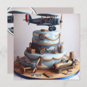 レトロルック飛行機主題のお誕生日ケーキ 招待状 (正面/裏面)