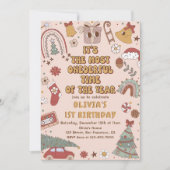 レトロレインボーオネダーフルクリスマス1st誕生日 招待状 (正面)