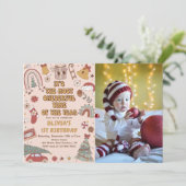 レトロレインボーオネダーフルクリスマス1st誕生日 招待状 (スタンド正面)