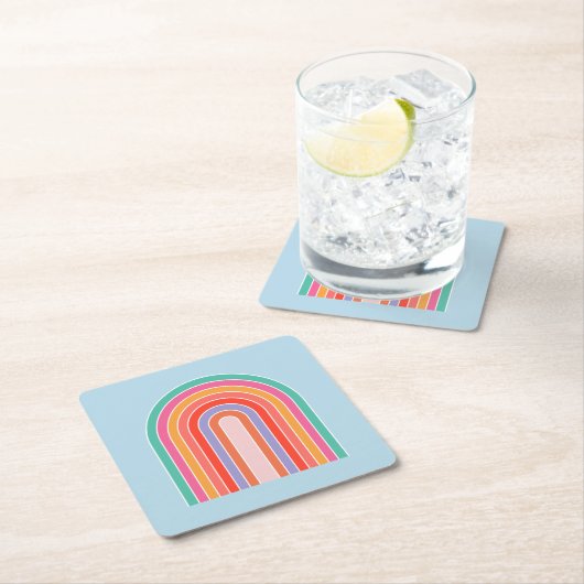 レトロレインボーカラフルブルー スクエアペーパーコースター (インサイチュ)