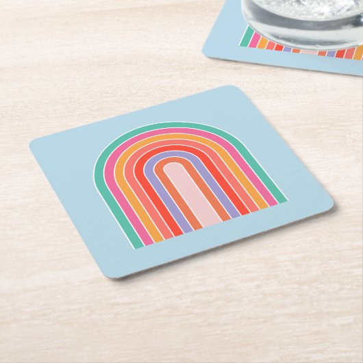 レトロレインボーカラフルブルー スクエアペーパーコースター (アングル)