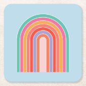 レトロレインボーカラフルブルー スクエアペーパーコースター (正面)