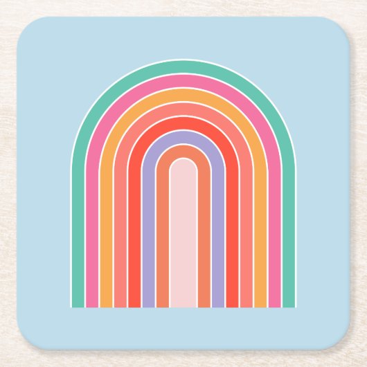 レトロレインボーカラフルブルー スクエアペーパーコースター (正面)