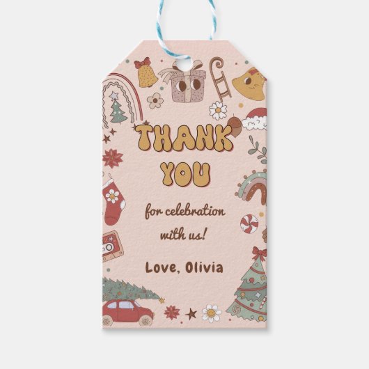 レトロレインボークリスマスグルーヴィ誕生日ギフトラベル ギフトタグ (正面)