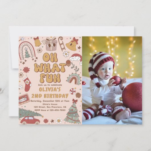 レトロレインボークリスマスツリー誕生日パーティーフォト 招待状 (正面)