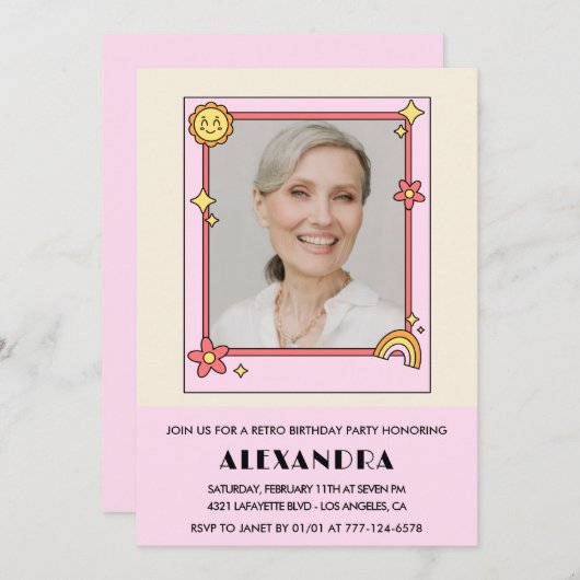 レトロレインボーサンフォトピンク77歳の誕生日 招待状 (正面/裏面)