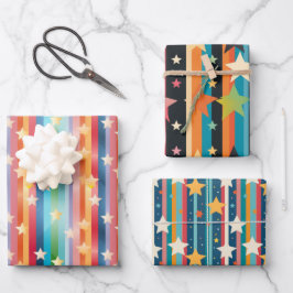 レトロレインボーストライプズ&スターズカラフルデザイン ラッピングペーパーシート