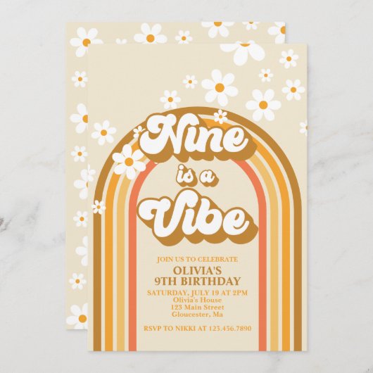レトロレインボーナインはVibe Groovy 9誕生日 招待状 (正面/裏面)