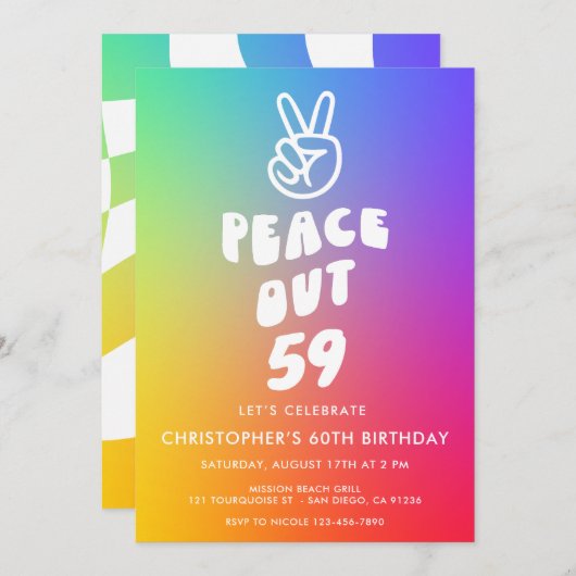 レトロレインボーピースアウトエージ誕生日 招待状 (正面/裏面)