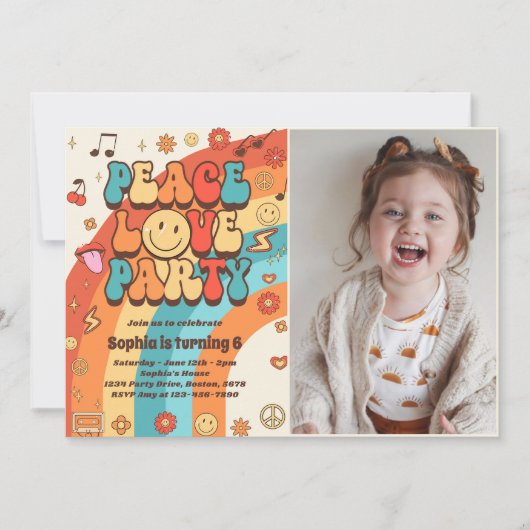 レトロレインボーピースラブパーティー6th誕生日写真 招待状 (正面)