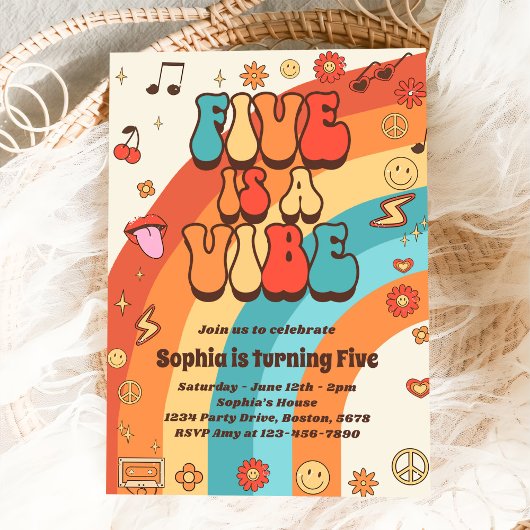 レトロレインボーファイブはVibe Groovy第5誕生日 招待状