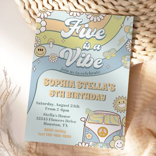 レトロレインボーファイブはVibe Groovy第5誕生日 招待状