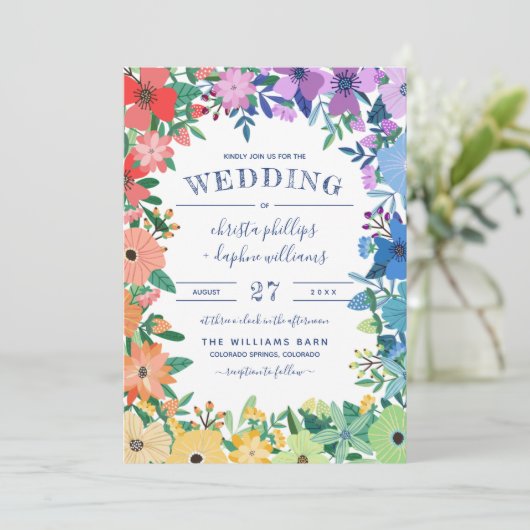 レトロレインボーフラワーズゲイレズ結婚ビアン 招待状 (スタンド正面)