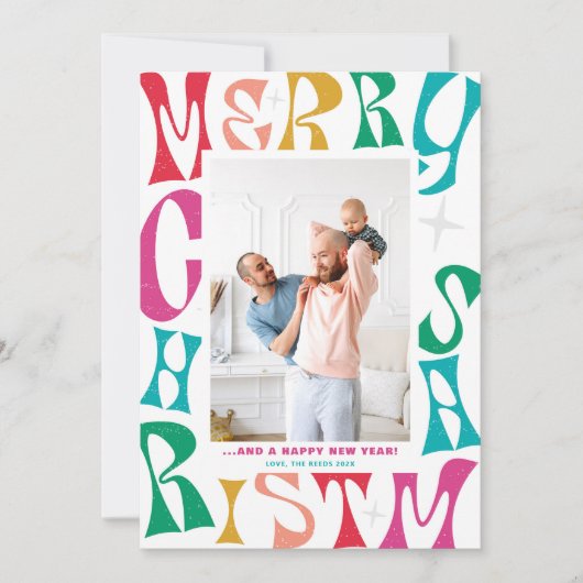 レトロレインボーメリークリスマス1フォトホリデーカード シーズンカード (正面)