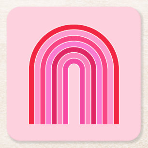 レトロレインボー名門私立校風のピンクアンドレッドアーチ スクエアペーパーコースター