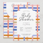 レトロレインボー格子模様チェッカーボードベビーシャワー 招待状 (正面/裏面)
