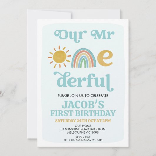レトロレインボー私たちのMr. Onederful 1st誕生日 招待状 (正面)