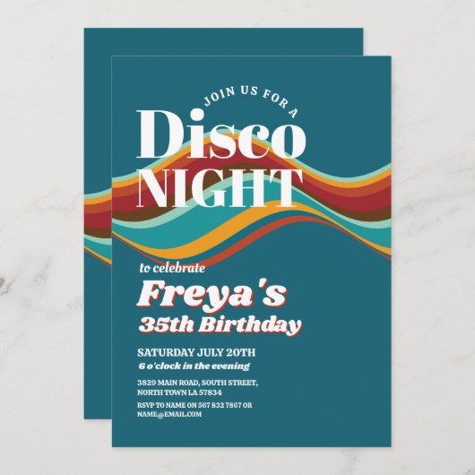 レトロレインボー誕生日60s 70s 80sヴィンテージパーティー 招待状 (正面/裏面)