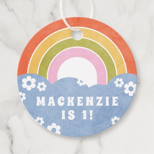 レトロレインボー&デイジーキッズパーティー好意ギフトラベル フェイバータグ (正面)