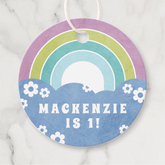 レトロレインボー&デイジーキッズパーティー好意ギフトラベル フェイバータグ (正面)