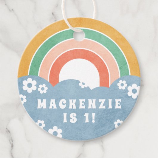 レトロレインボー&デイジーキッズパーティー好意ギフトラベル フェイバータグ (正面)