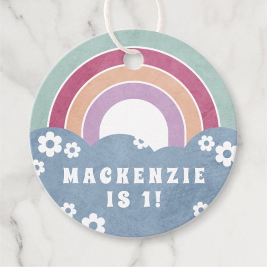 レトロレインボー&デイジーキッズパーティー好意ギフトラベル フェイバータグ (正面)