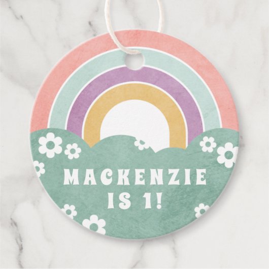 レトロレインボー&デイジーキッズパーティー好意ギフトラベル フェイバータグ (正面)