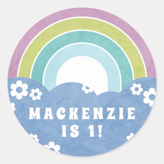 レトロレインボー&デイジーキッドの誕生日ステッカー ラウンドシール (正面)