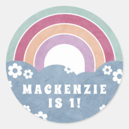 レトロレインボー&デイジーキッドの誕生日ステッカー ラウンドシール