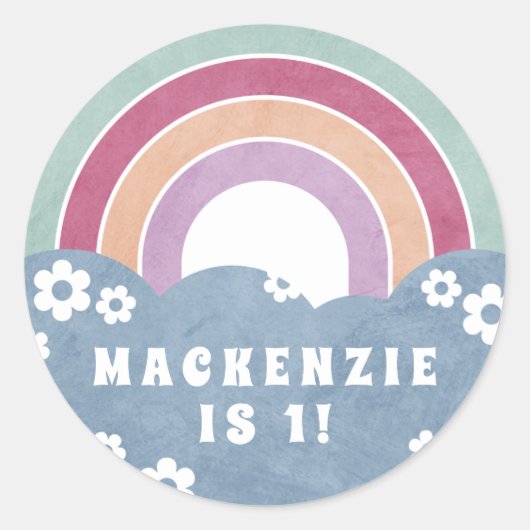 レトロレインボー&デイジーキッドの誕生日ステッカー ラウンドシール (正面)