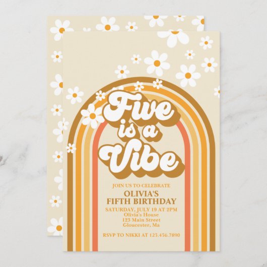レトロレインボーFIVEはVibe Groovy 5誕生日 招待状 (正面/裏面)