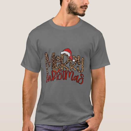 レトロレオパードメリークリスマスサンタハットおもしろいクリスマス Tシャツ (正面)