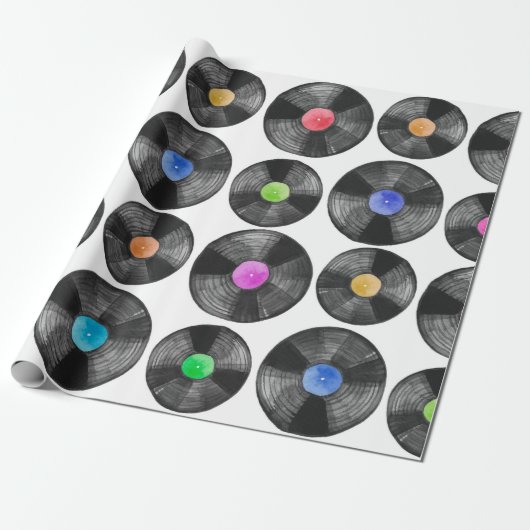 レトロレコードのイラストレーション(ビニール製)の水色 ラッピングペーパー (アンロールド)
