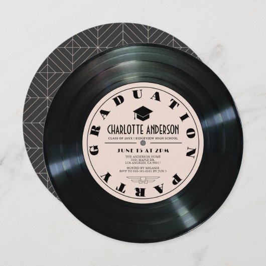 レトロレコードのピンク卒業 招待状 (正面/裏面)
