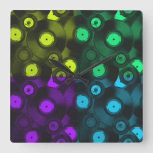 レトロレコードネオンカラフルコラージュ スクエア壁時計