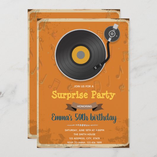 レトロレコードパーティテーマの招待状 招待状 (正面/裏面)