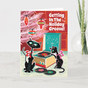 レトロレコードプレーヤー猫クリスマスカード シーズンカード