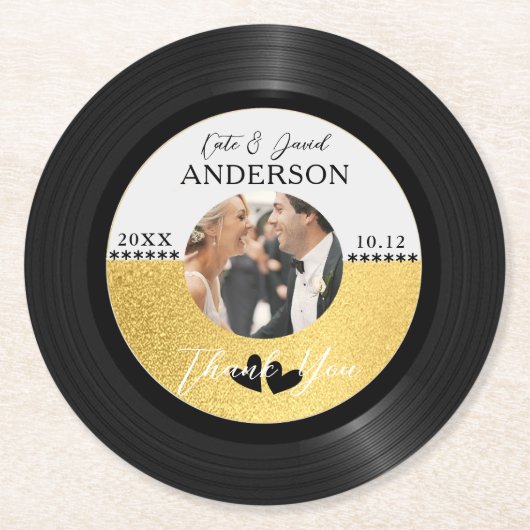 レトロレコード写真結婚式の引き出物ありがとう ラウンドペーパーコースター (正面)