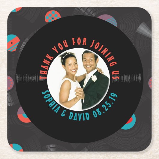 レトロレコード結婚式の引き出物写真ありがとう スクエアペーパーコースター (正面)