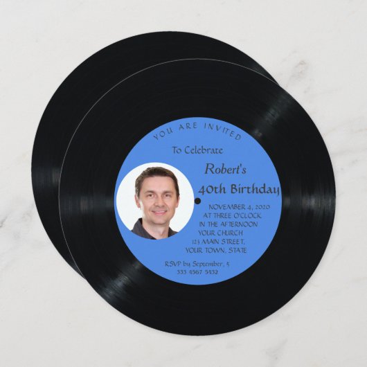 レトロレコード音楽マン40フォト誕生日 招待状 (正面/裏面)