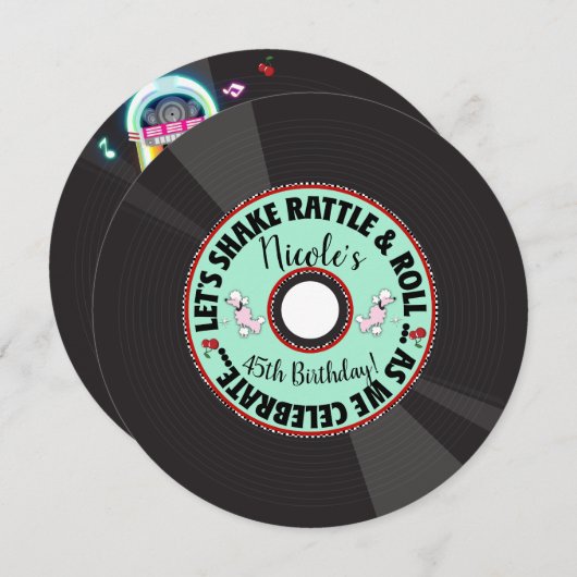 レトロレコード1950年代50年代の誕生日パーティー 招待状 (正面/裏面)