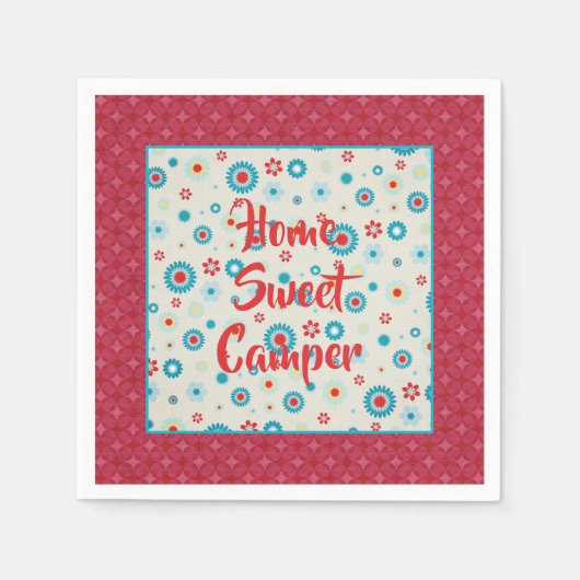 レトロレッドとティール（緑がかった色）キャンパー スタンダードカクテルナプキン (正面)