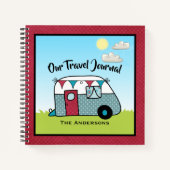 レトロレッドとティール(緑がかった色)キャンパー ノートブック (正面)