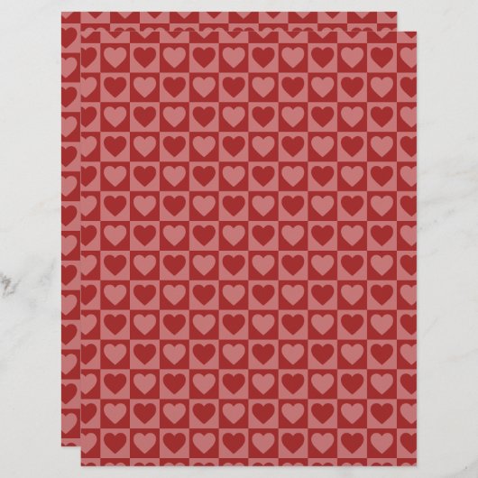 レトロレッドとピンクのハートパターンスクラップブック紙 (正面/裏面)