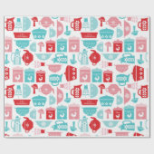 レトロレッドとブルーキッチンパターン ラッピングペーパー (フラット)