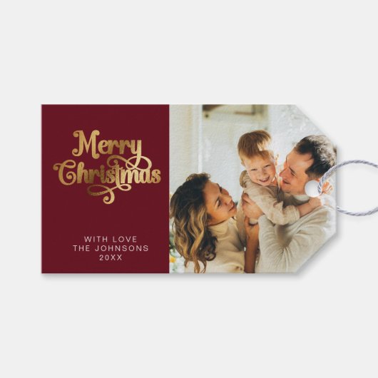 レトロレッドと金ゴールドメリークリスマスファミリーフォト ギフトタグ (正面(横))