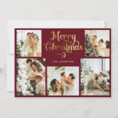レトロレッドと金ゴールドメリークリスマスファミリーフォト シーズンカード (正面)