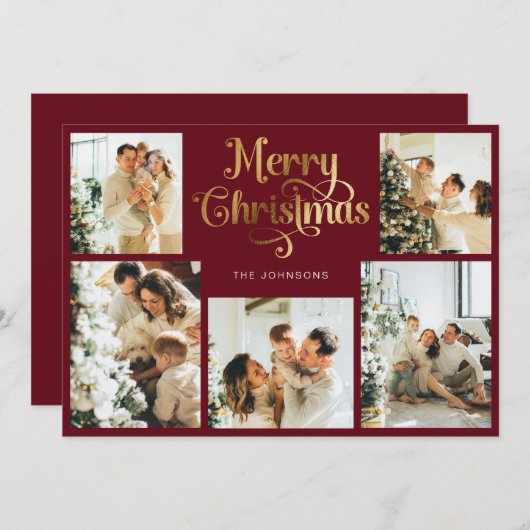 レトロレッドと金ゴールドメリークリスマスファミリーフォト シーズンカード (正面/裏面)