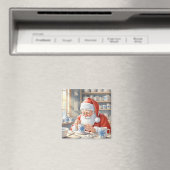 レトロレッドのクリスマス水彩サンタの工房 マグネット (インサイチュ (食洗機))